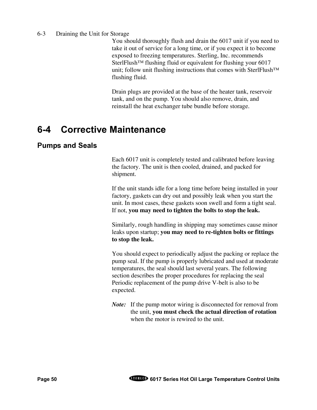 Sterling 6017 series installation manual Corrective Maintenance, Pumps and Seals 