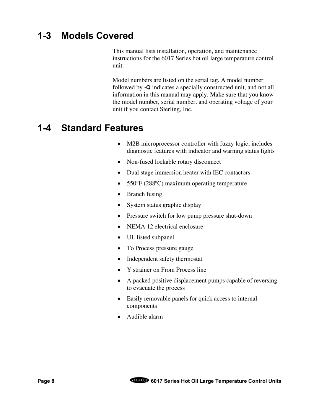 Sterling 6017 series installation manual Models Covered, Standard Features 