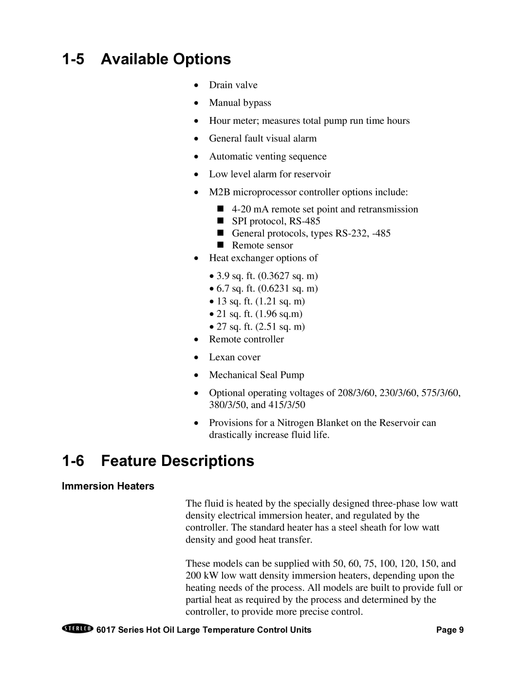 Sterling 6017 series installation manual Available Options, Feature Descriptions, Immersion Heaters 