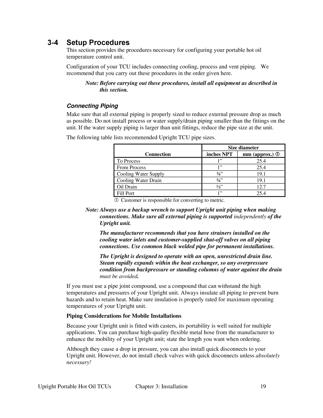 Sterling 682.88107.00 specifications Setup Procedures, Connecting Piping, Piping Considerations for Mobile Installations 