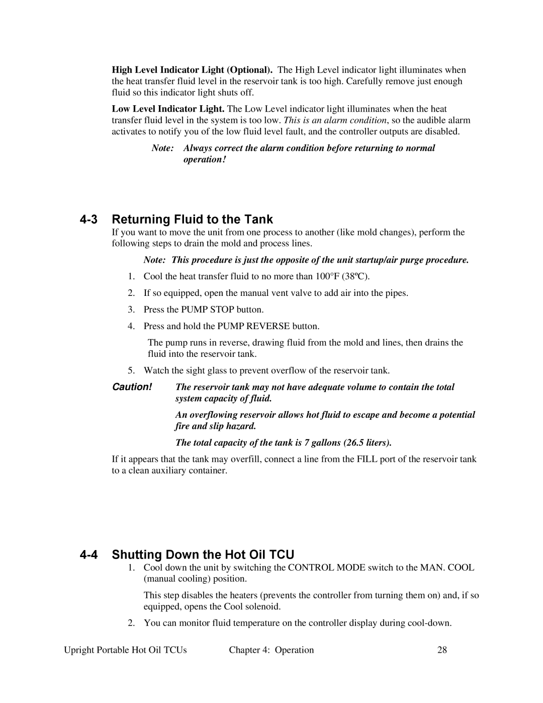 Sterling 682.88107.00 specifications Returning Fluid to the Tank, Shutting Down the Hot Oil TCU 