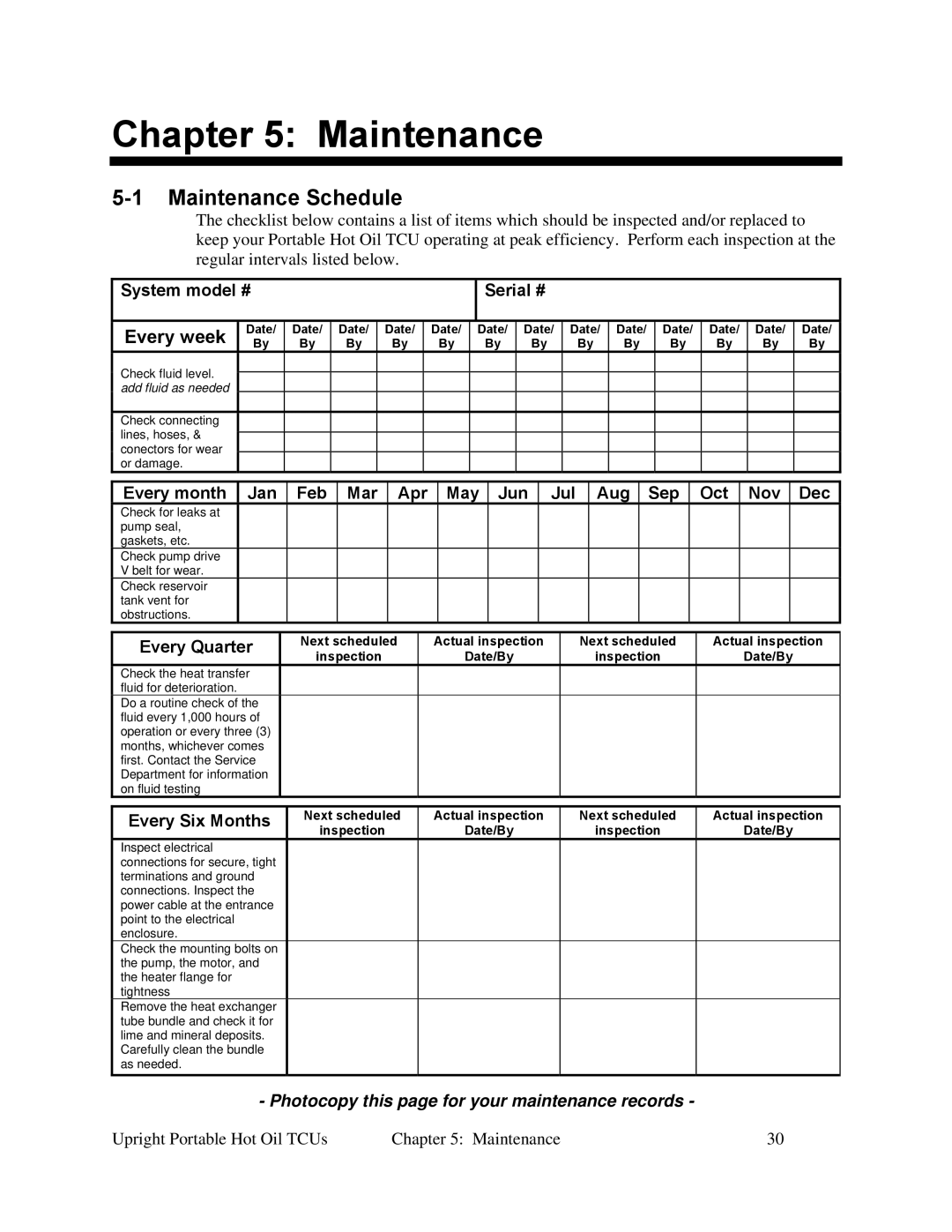 Sterling 682.88107.00 specifications Maintenance Schedule, Photocopy this page for your maintenance records 