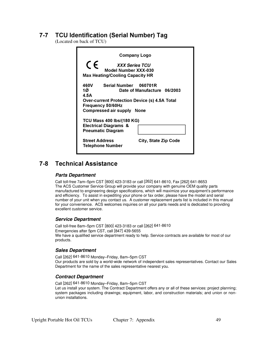 Sterling 682.88107.00 specifications TCU Identification Serial Number Tag, Technical Assistance 