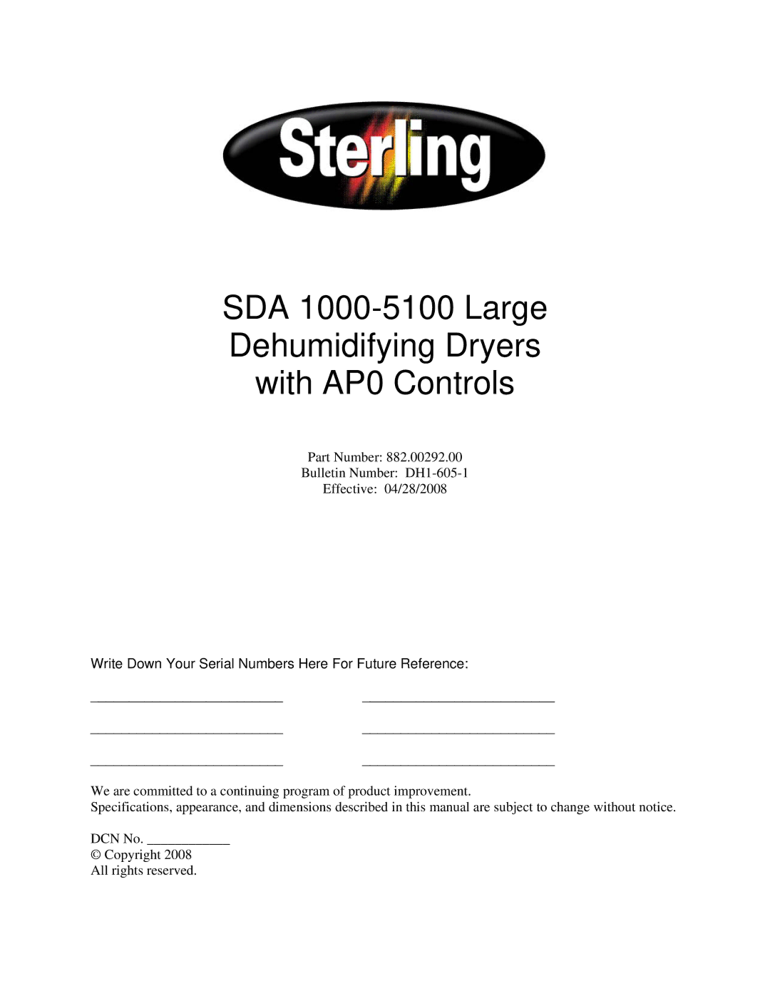 Sterling 822.00292.00 specifications SDA 1000-5100 Large Dehumidifying Dryers With AP0 Controls 