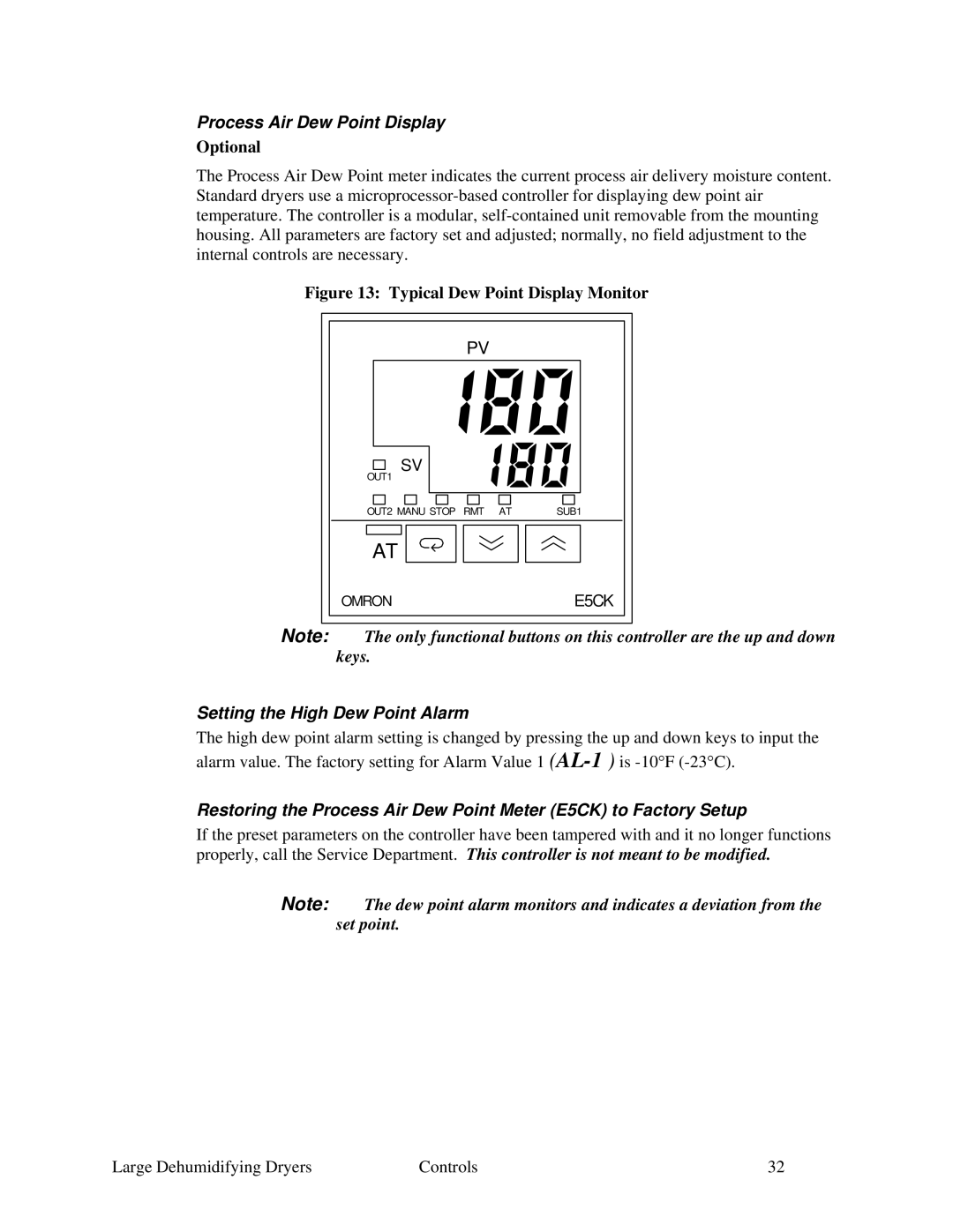 Sterling 822.00292.00 specifications Process Air Dew Point Display, Optional, Setting the High Dew Point Alarm 