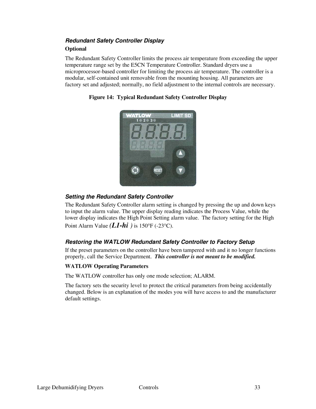 Sterling 822.00292.00 specifications Redundant Safety Controller Display, Setting the Redundant Safety Controller 