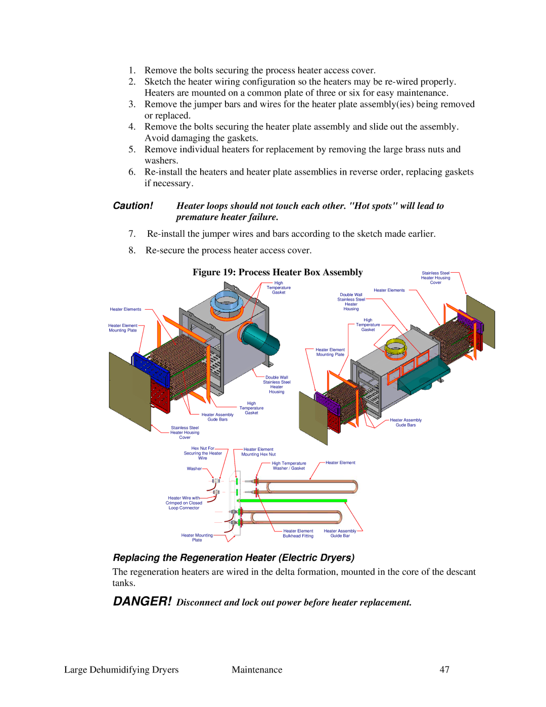 Sterling 822.00292.00 specifications Process Heater Box Assembly, Replacing the Regeneration Heater Electric Dryers 