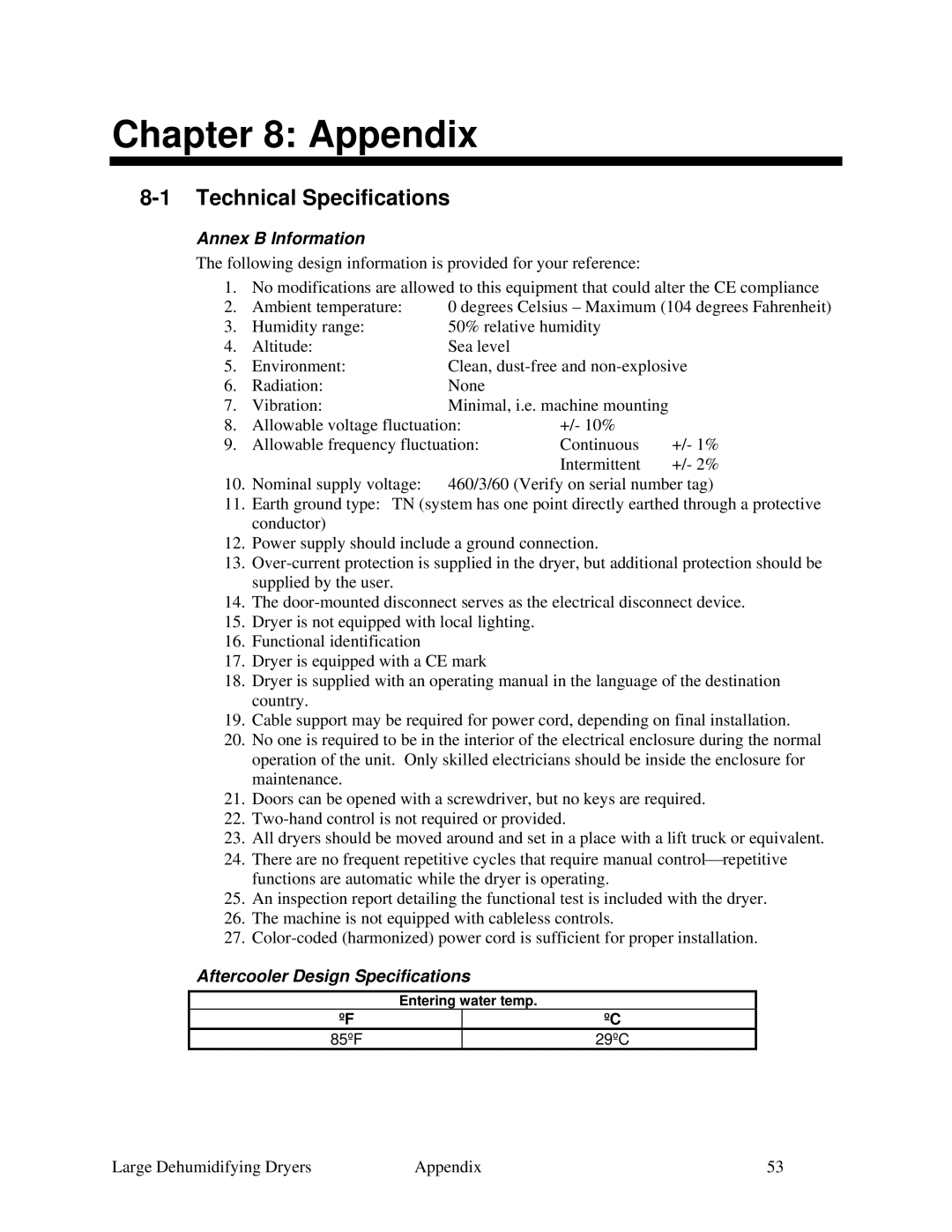 Sterling 822.00292.00 Appendix, Technical Specifications, Annex B Information, Aftercooler Design Specifications 