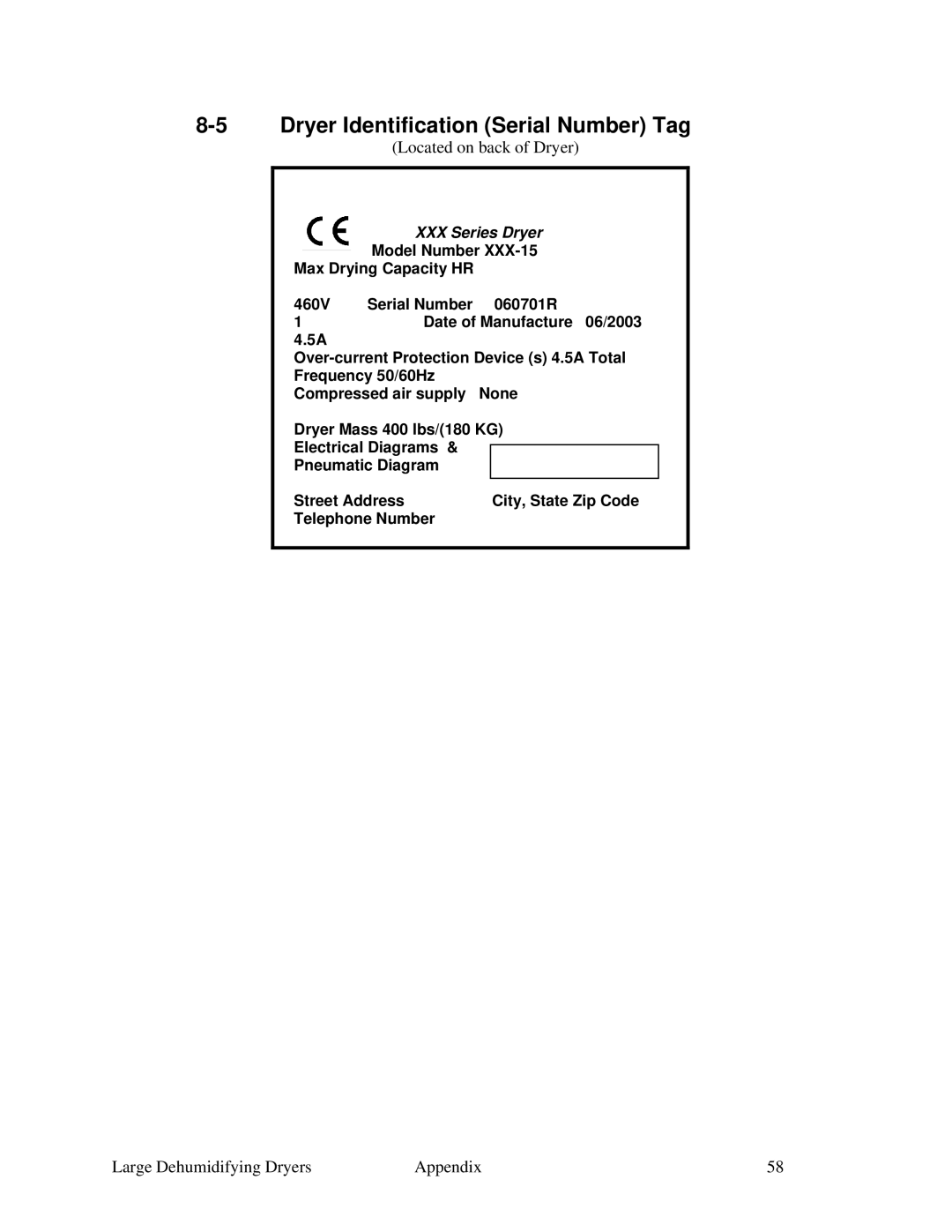 Sterling 822.00292.00 specifications Dryer Identification Serial Number Tag, Located on back of Dryer 