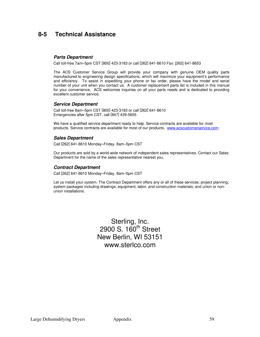 Sterling 822.00292.00 Technical Assistance, Parts Department, Service Department, Sales Department, Contract Department 