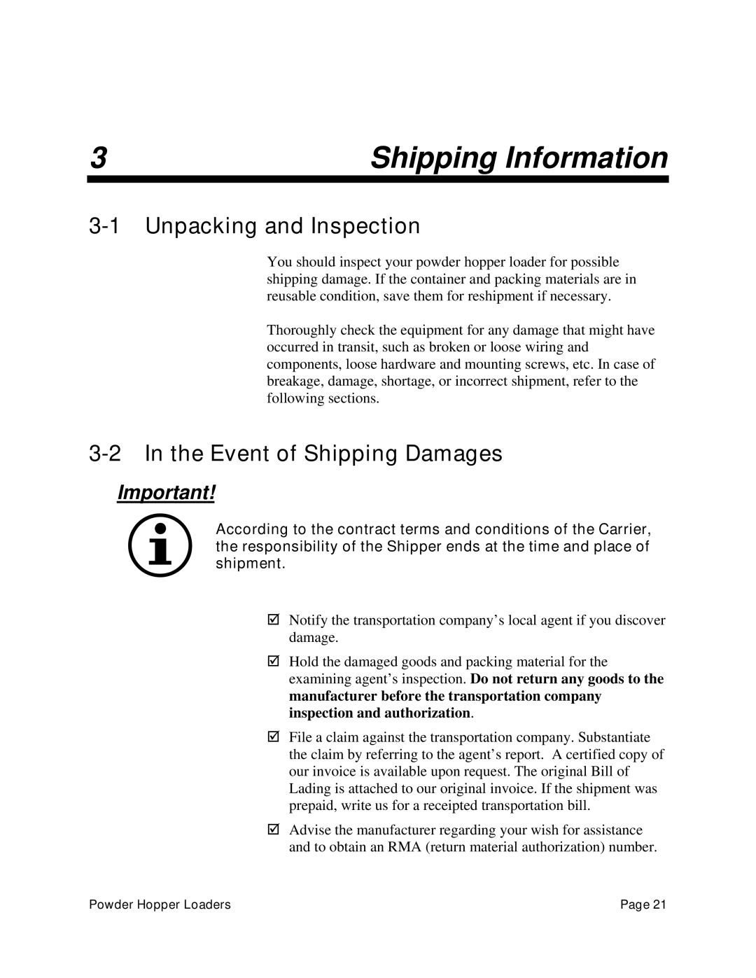 Sterling 882, 0, 238 manual Shipping Information, Unpacking and Inspection, Event of Shipping Damages 