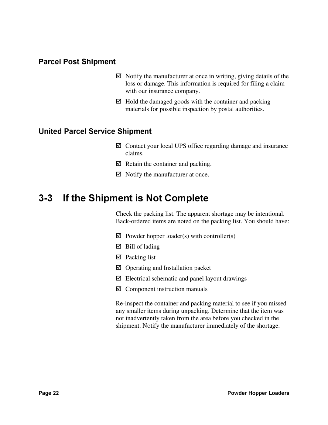 Sterling 0, 882, 238 manual If the Shipment is Not Complete, Parcel Post Shipment, United Parcel Service Shipment 