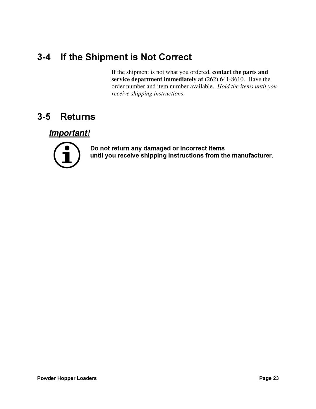 Sterling 238, 882, 0 manual If the Shipment is Not Correct, Returns 