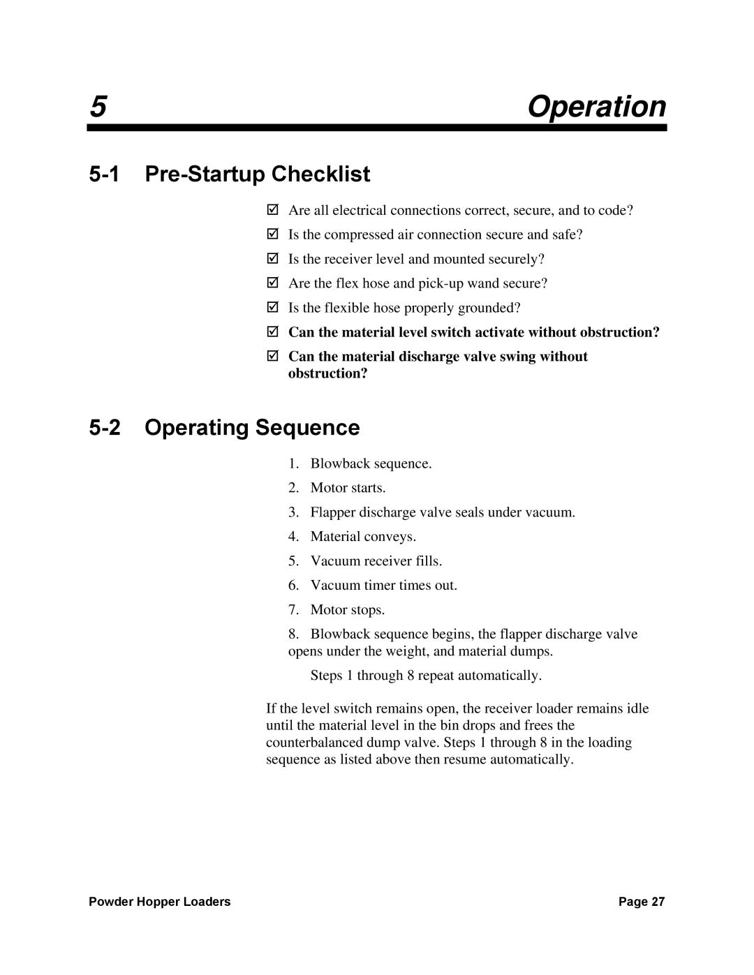 Sterling 882, 0, 238 manual Operation, Pre-Startup Checklist, Operating Sequence 