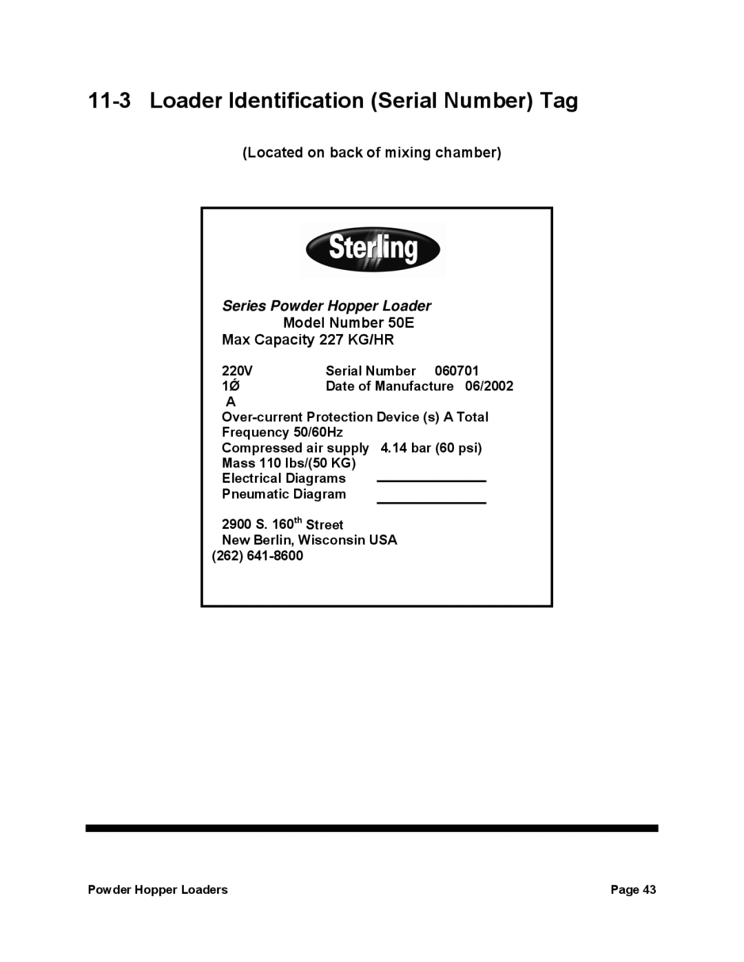 Sterling 882, 238 manual Loader Identification Serial Number Tag, Located on back of mixing chamber, Model Number 50E 