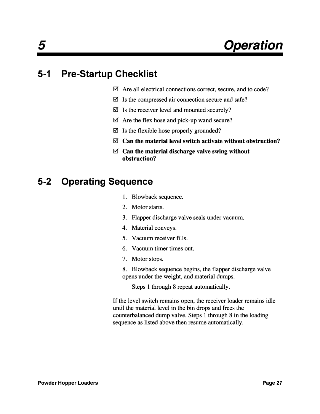 Sterling 882, 0, 238 manual Operation, Pre-Startup Checklist, Operating Sequence 