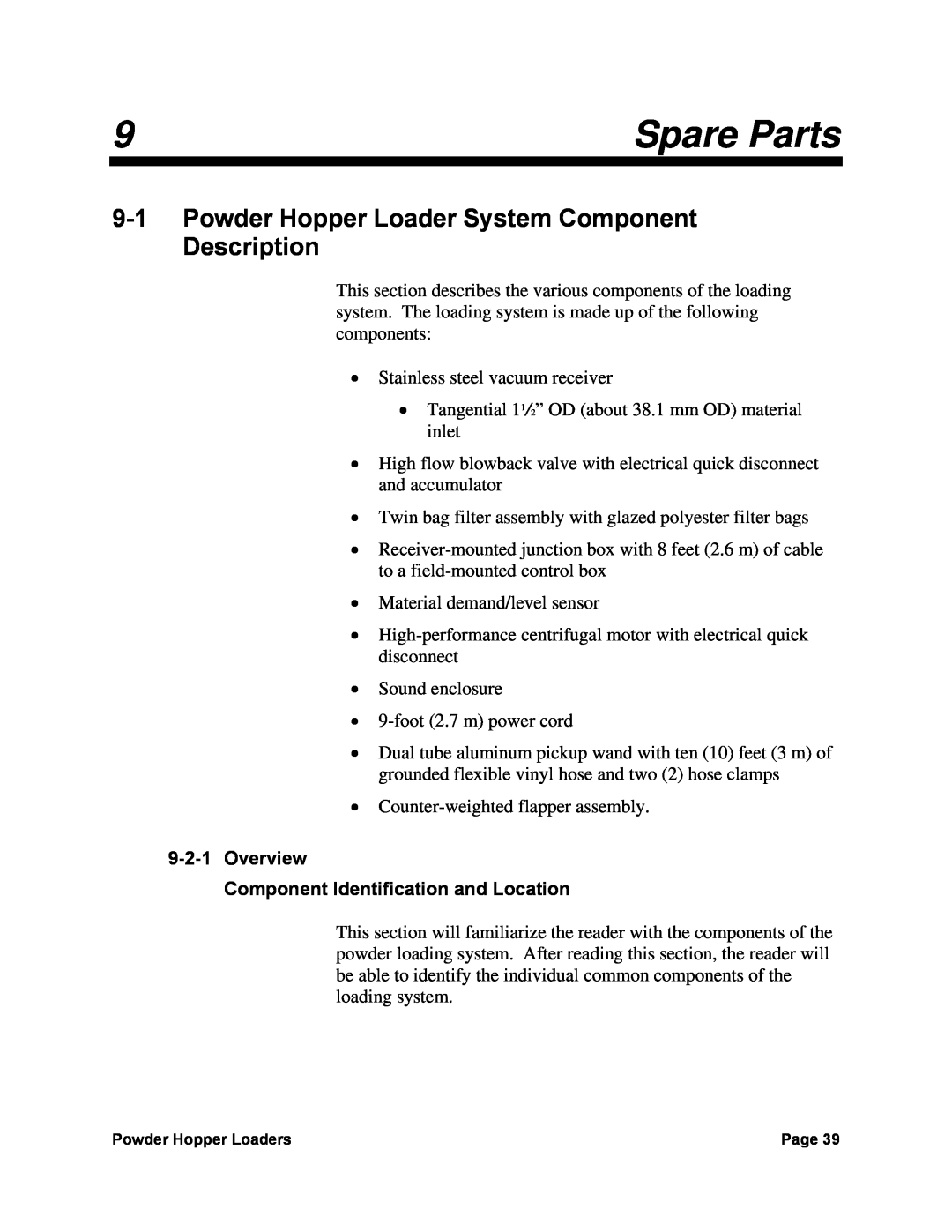 Sterling 882, 0, 238 manual Spare Parts, Powder Hopper Loader System Component Description 