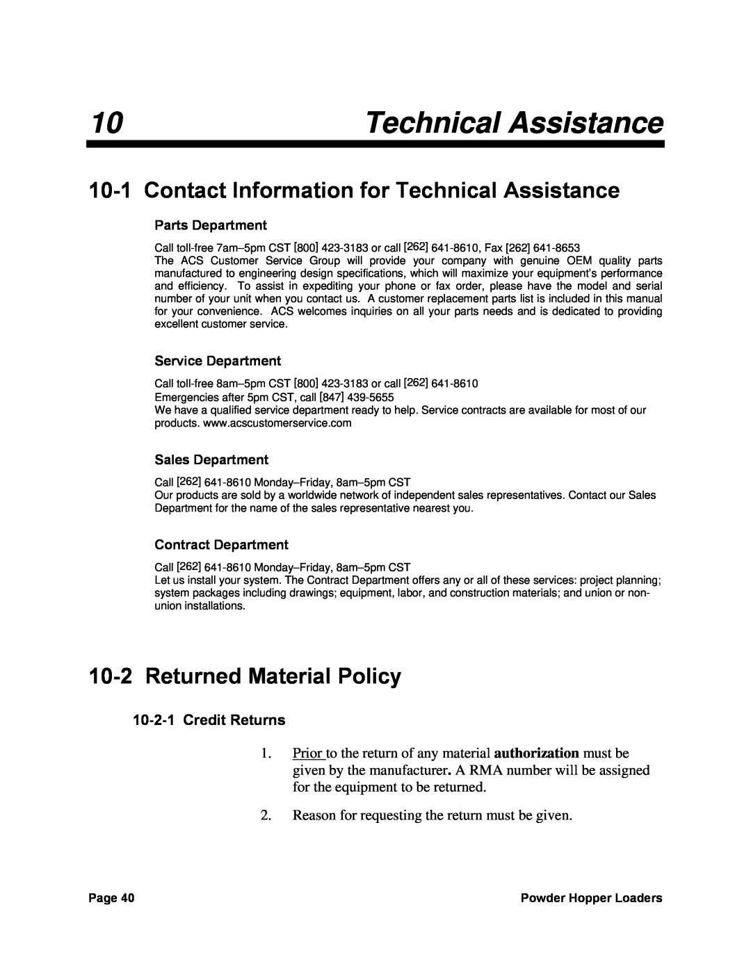 Sterling 0, 882, 238 manual Contact Information for Technical Assistance, Returned Material Policy, Credit Returns 