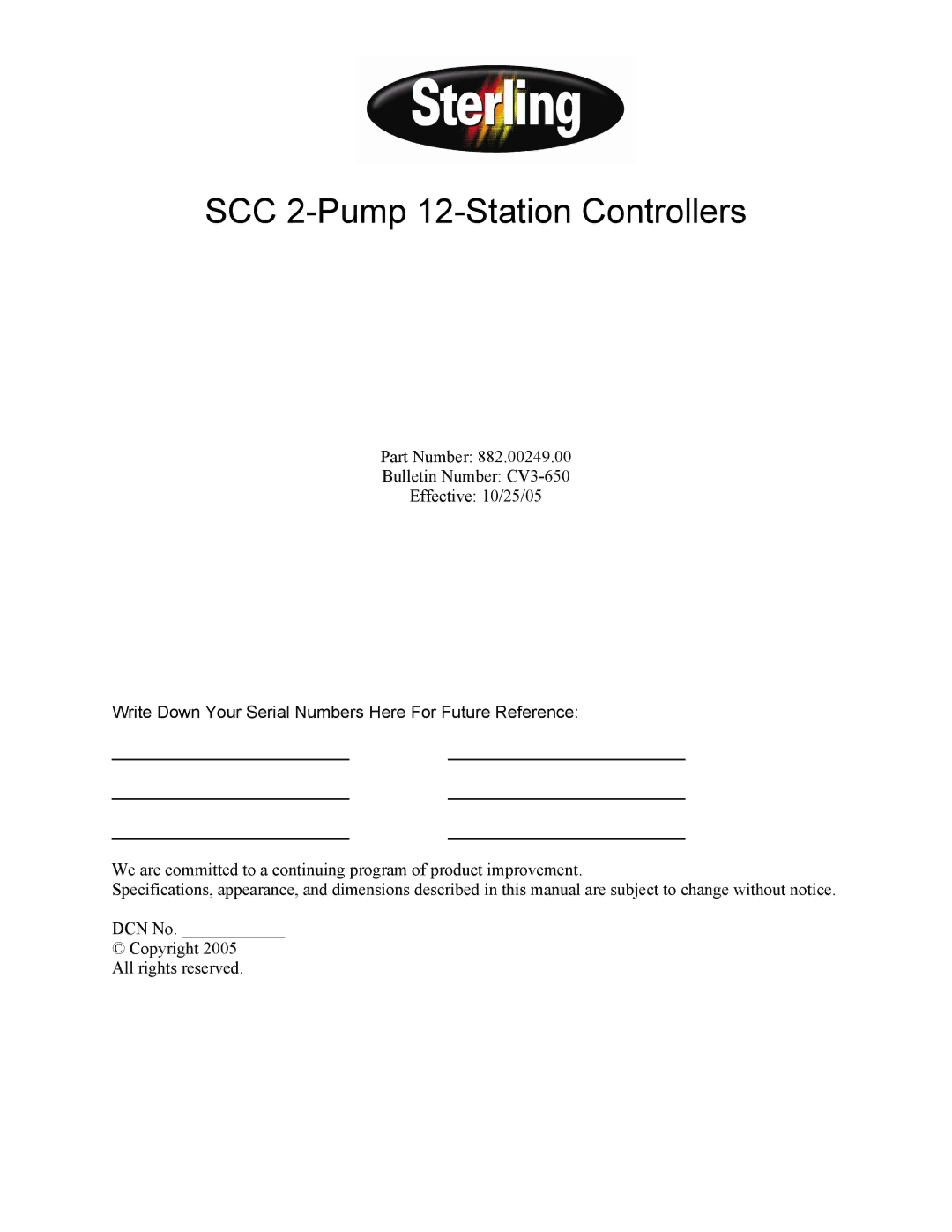 Sterling 882.00249.00 manual SCC 2-Pump 12-Station Controllers, Write Down Your Serial Numbers Here For Future Reference 