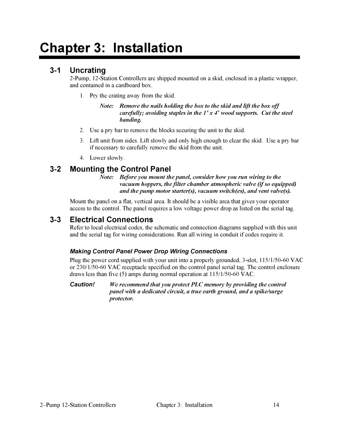 Sterling 882.00249.00 manual Installation, Uncrating, Mounting the Control Panel, Electrical Connections 