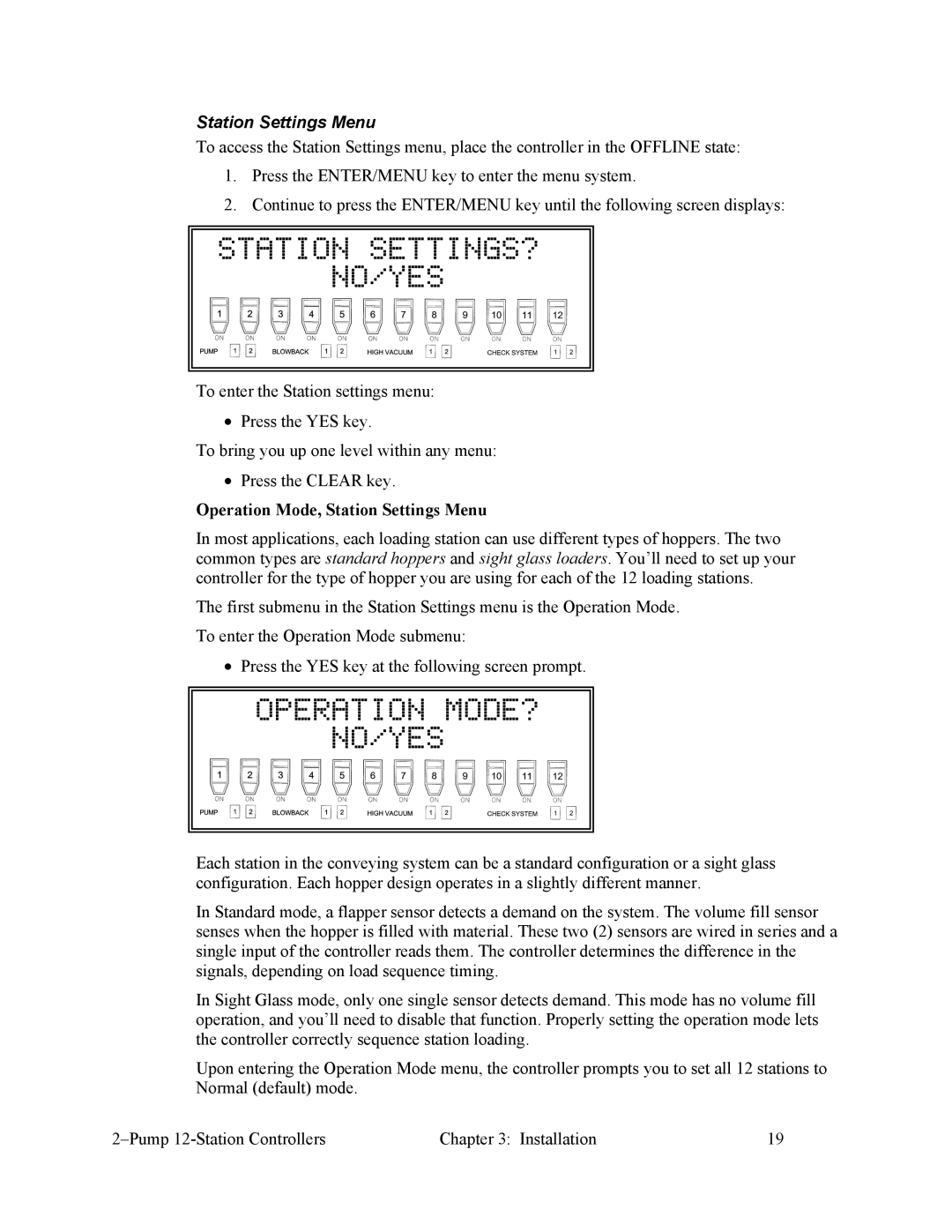 Sterling 882.00249.00 manual Station SETTINGS? NO/YES, Operation MODE? NO/YES, Station Settings Menu 