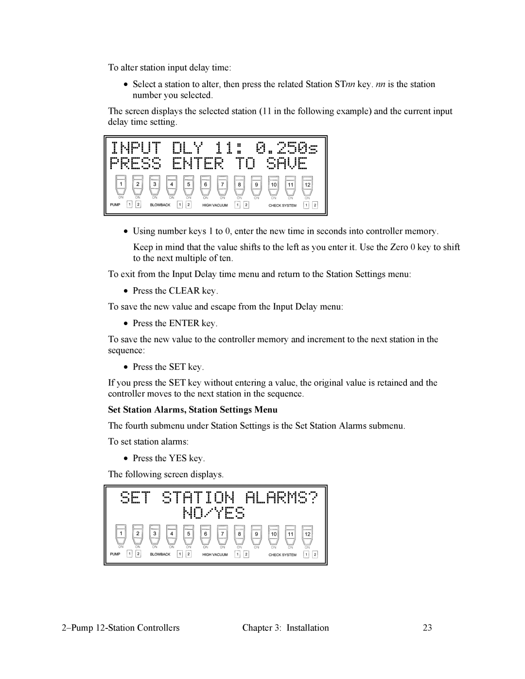 Sterling 882.00249.00 manual Input DLY 11 0.250s, SET Station ALARMS? NO/YES, Set Station Alarms, Station Settings Menu 