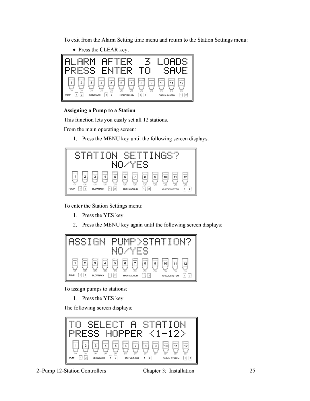 Sterling 882.00249.00 Alarm After 3 Loads Press Enter to Save, Assign PUMPSTATION? NO/YES, Assigning a Pump to a Station 