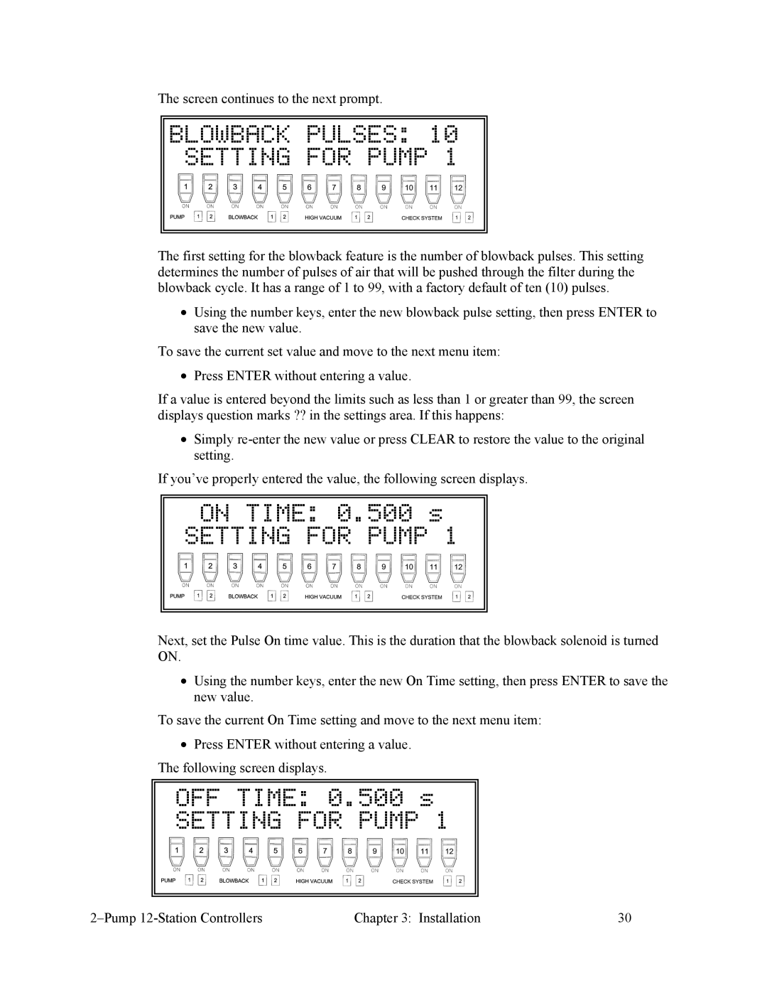 Sterling 882.00249.00 manual Blowback Pulses Setting for Pump, On Time 0.500 s, OFF Time 0.500 s 