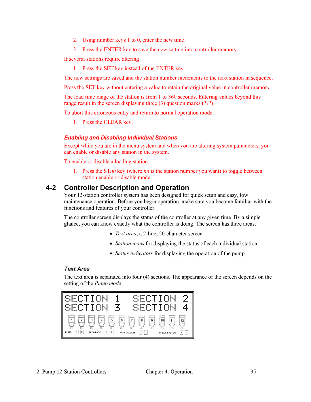 Sterling 882.00249.00 manual Section, Controller Description and Operation, Text Area 