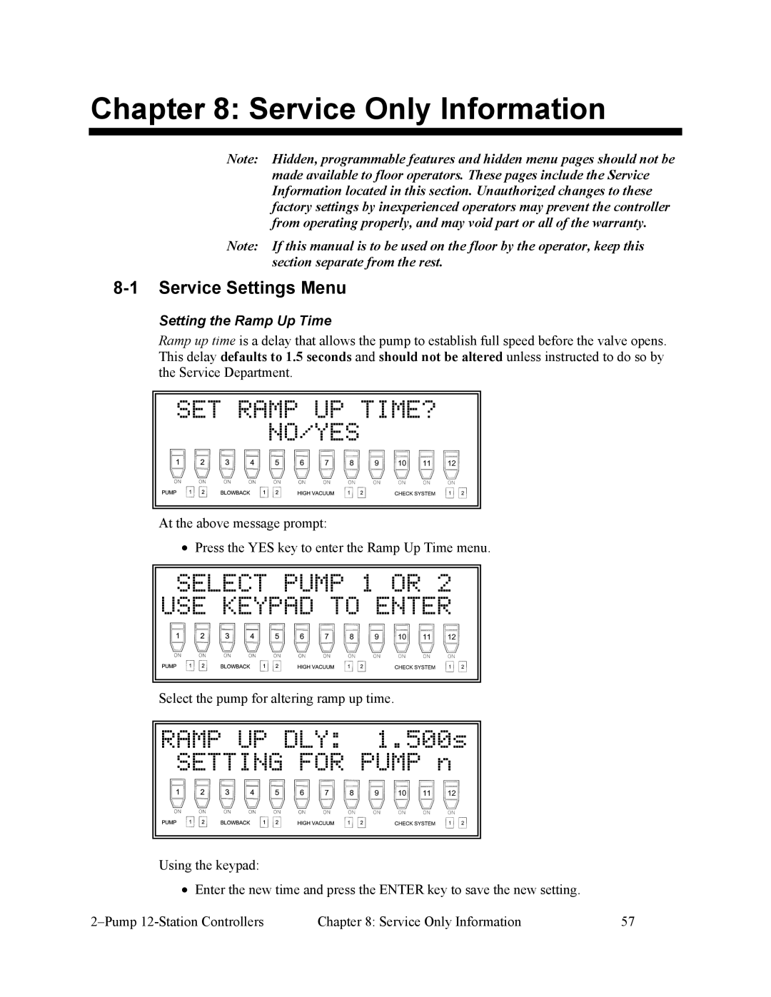 Sterling 882.00249.00 manual Service Only Information, SET Ramp UP TIME? NO/YES, Ramp UP DLY 1.500s Setting for Pump n 