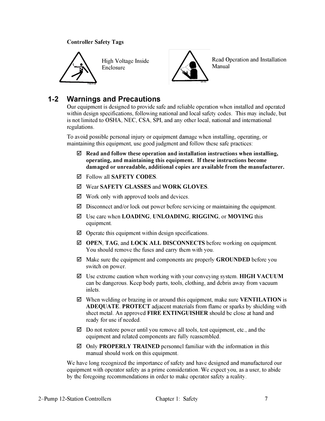 Sterling 882.00249.00 manual Controller Safety Tags, Wear Safety Glasses and Work Gloves 