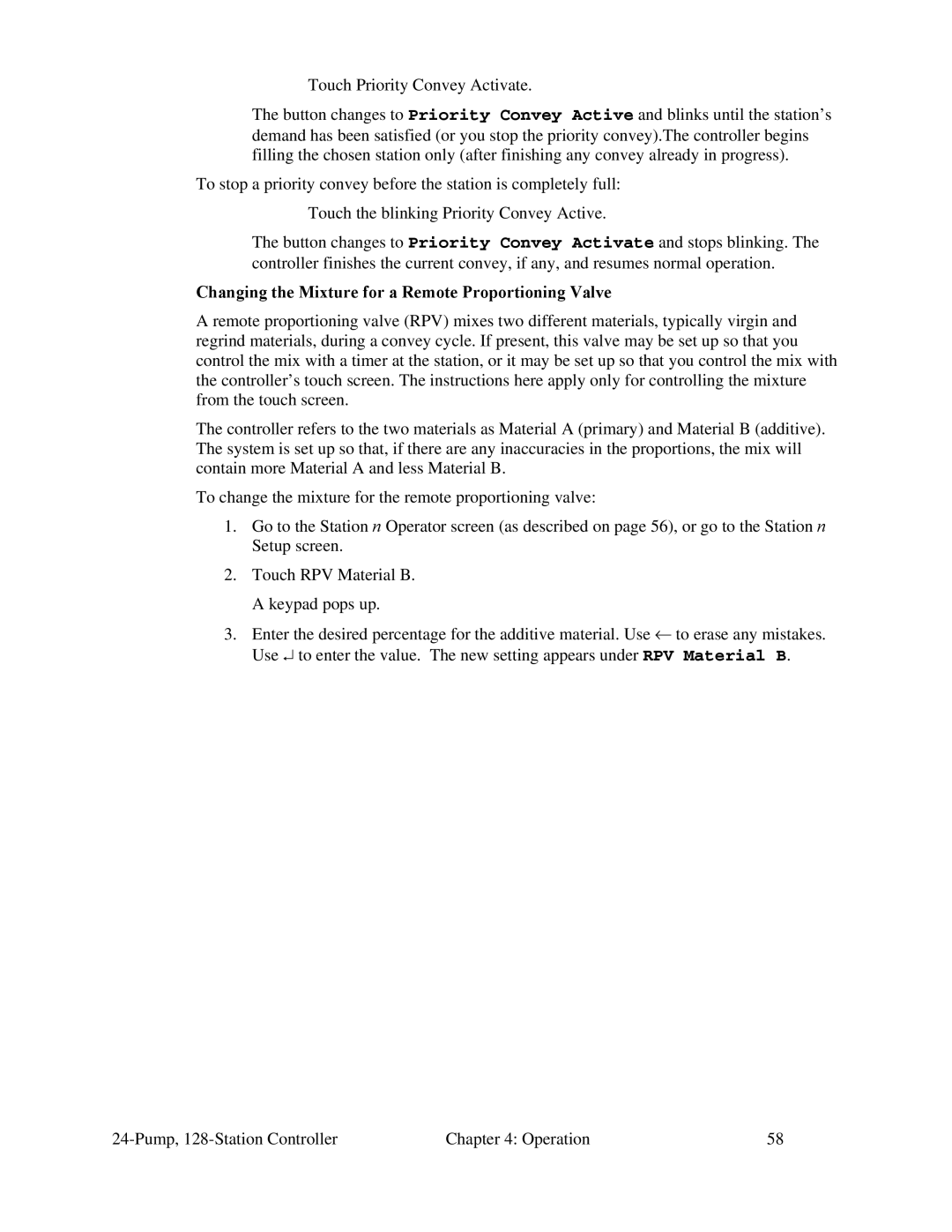 Sterling 882.00255.00 CV3-655 specifications Changing the Mixture for a Remote Proportioning Valve 