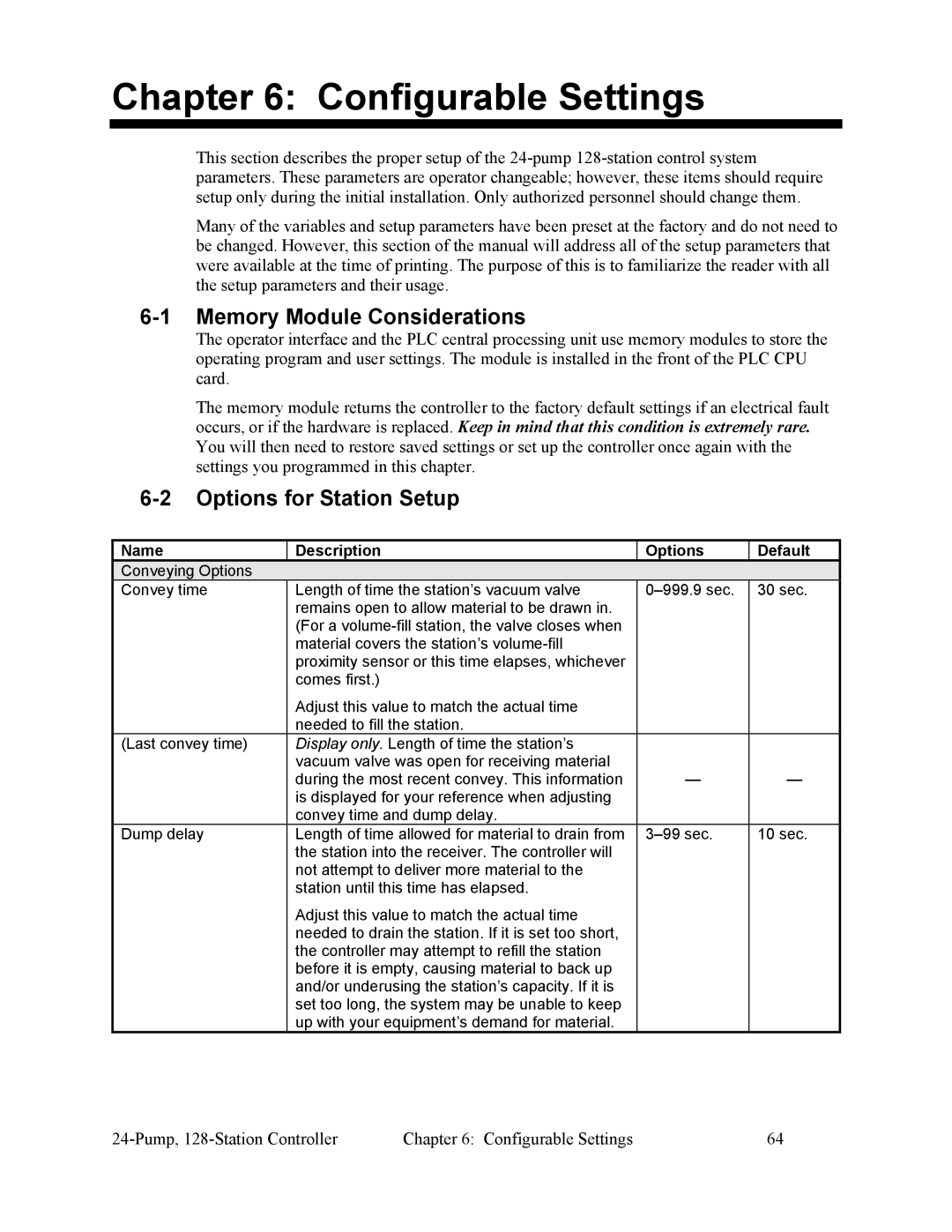 Sterling 882.00255.00 CV3-655 specifications Configurable Settings, Memory Module Considerations, Options for Station Setup 