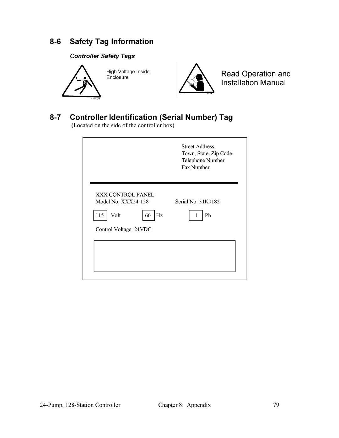 Sterling 882.00255.00 CV3-655 Safety Tag Information, Controller Identification Serial Number Tag, Controller Safety Tags 