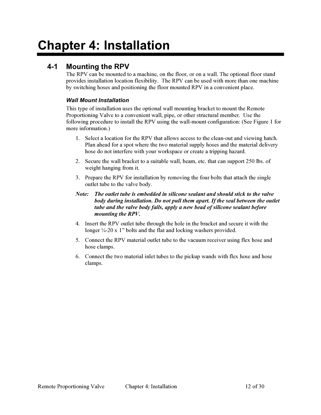 Sterling 882.00268.00 specifications Mounting the RPV, Wall Mount Installation 