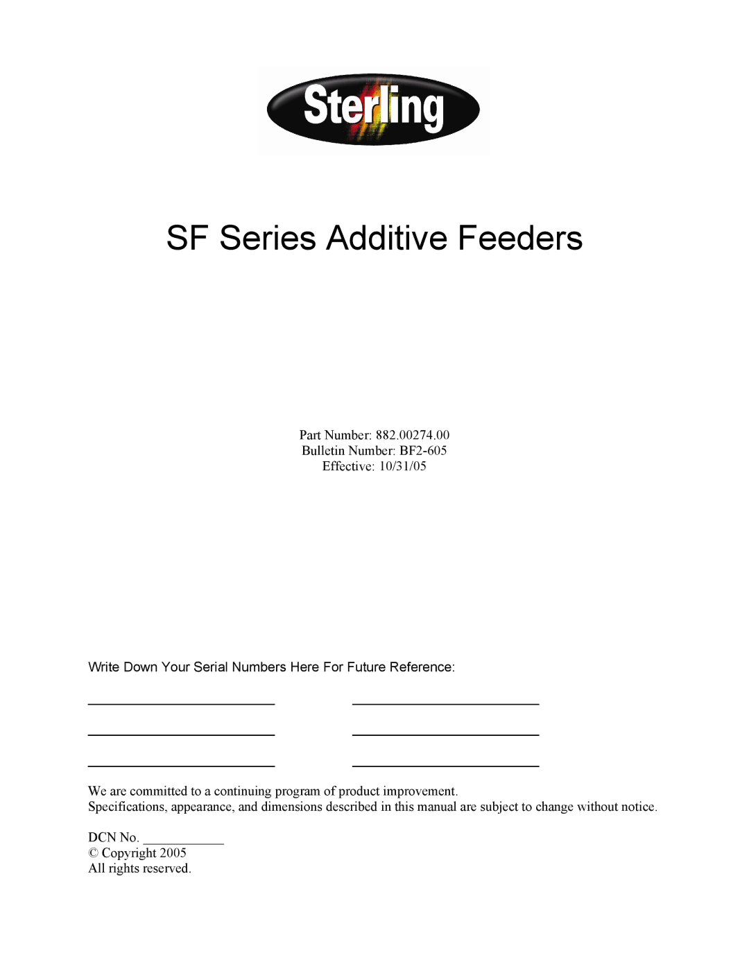 Sterling 882.00274.00 specifications SF Series Additive Feeders 