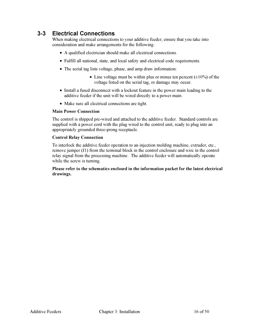 Sterling 882.00274.00 specifications Electrical Connections, Main Power Connection, Control Relay Connection 