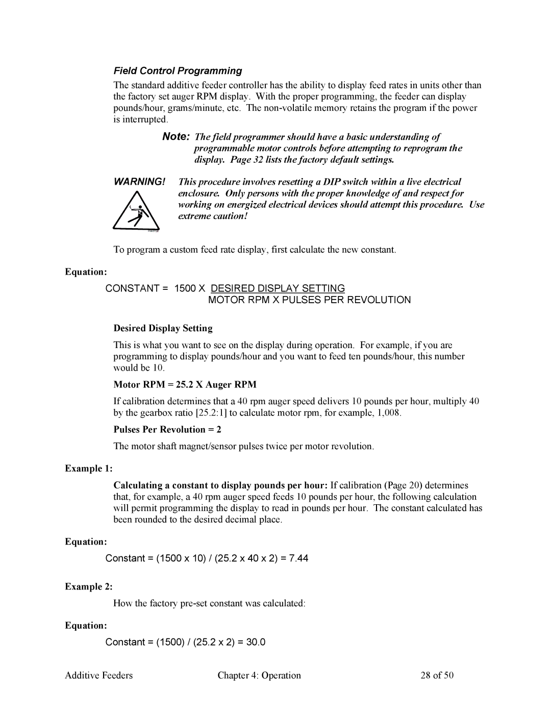 Sterling 882.00274.00 Field Control Programming, Equation, Desired Display Setting, Motor RPM = 25.2 X Auger RPM 
