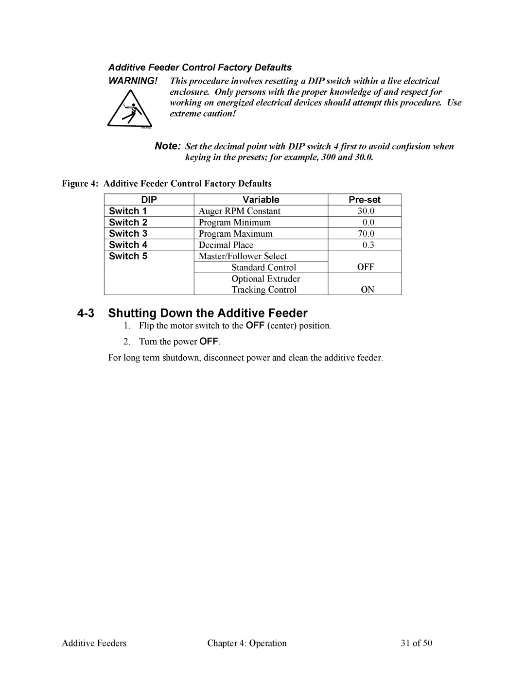 Sterling 882.00274.00 specifications Shutting Down the Additive Feeder, Additive Feeder Control Factory Defaults 