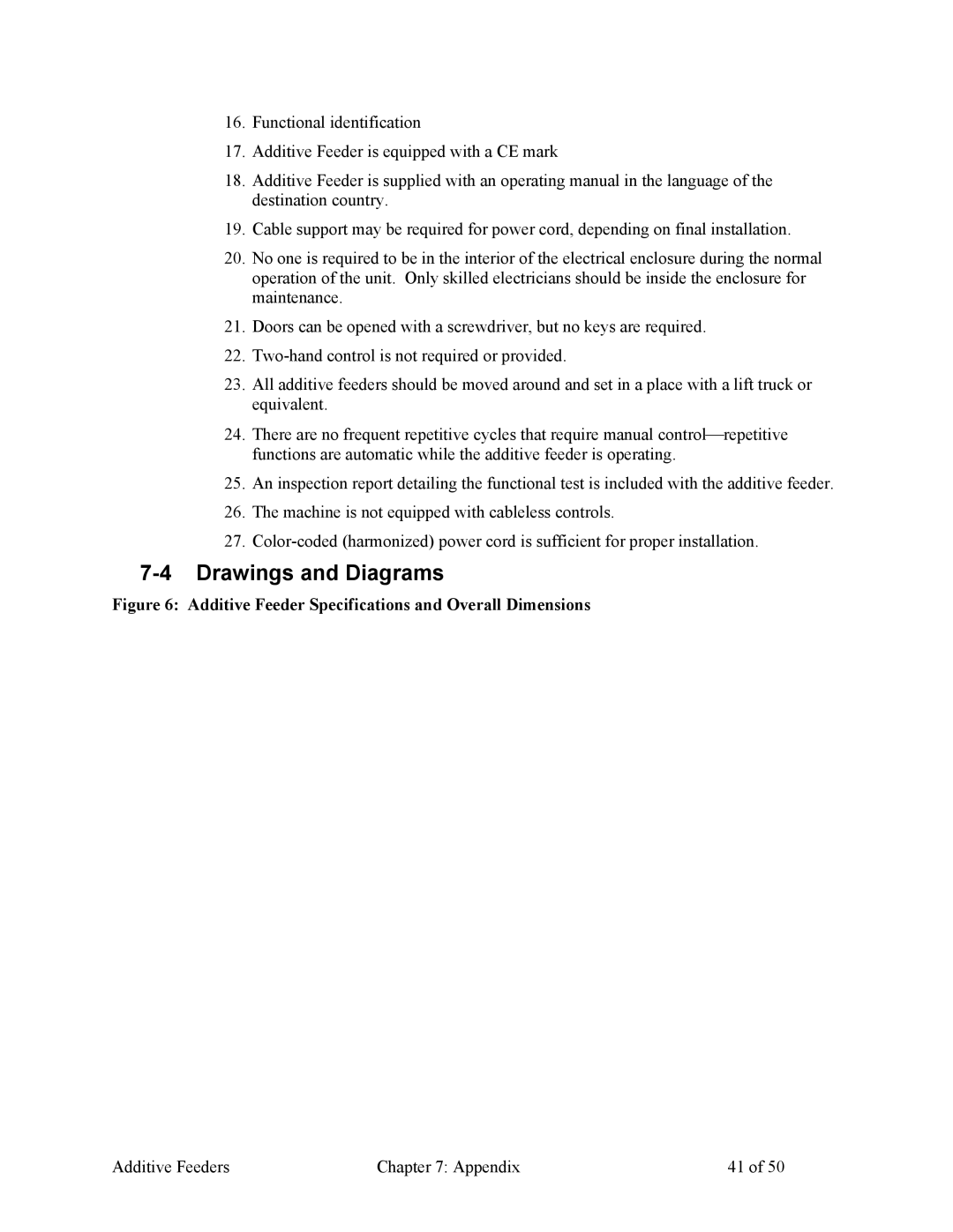 Sterling 882.00274.00 specifications Drawings and Diagrams, Additive Feeder Specifications and Overall Dimensions 