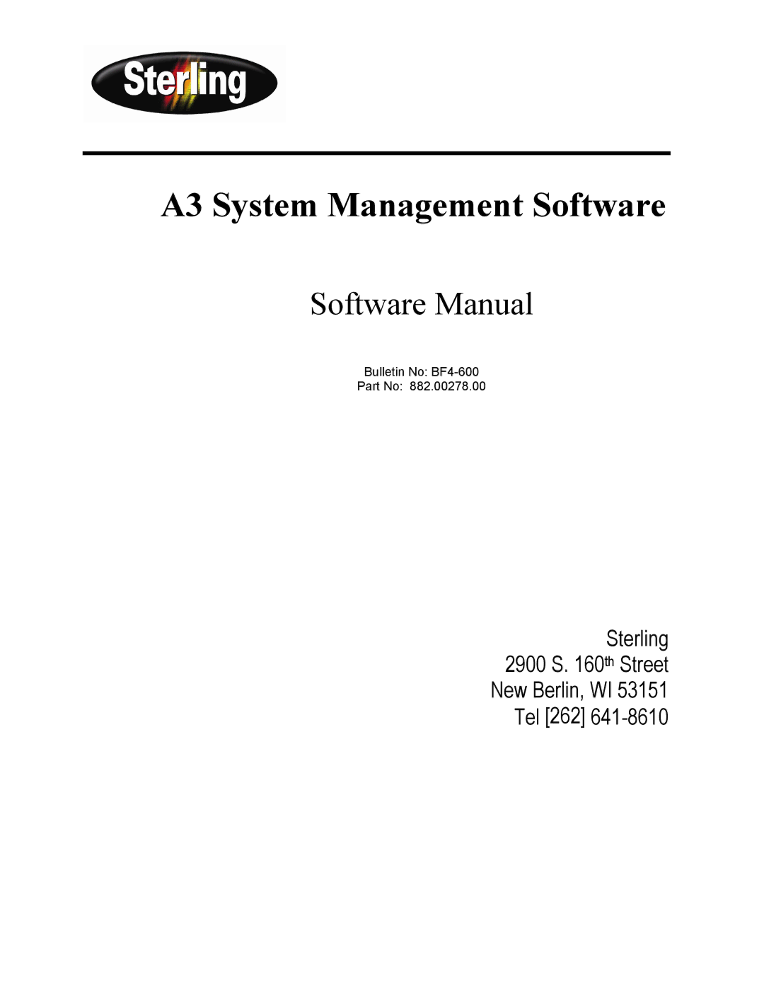 Sterling 882.00278.00 software manual A3 System Management Software 