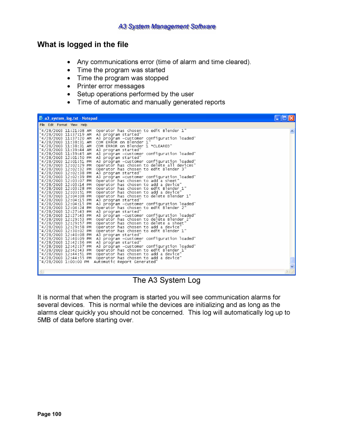 Sterling 882.00278.00 software manual What is logged in the file, A3 System Log 