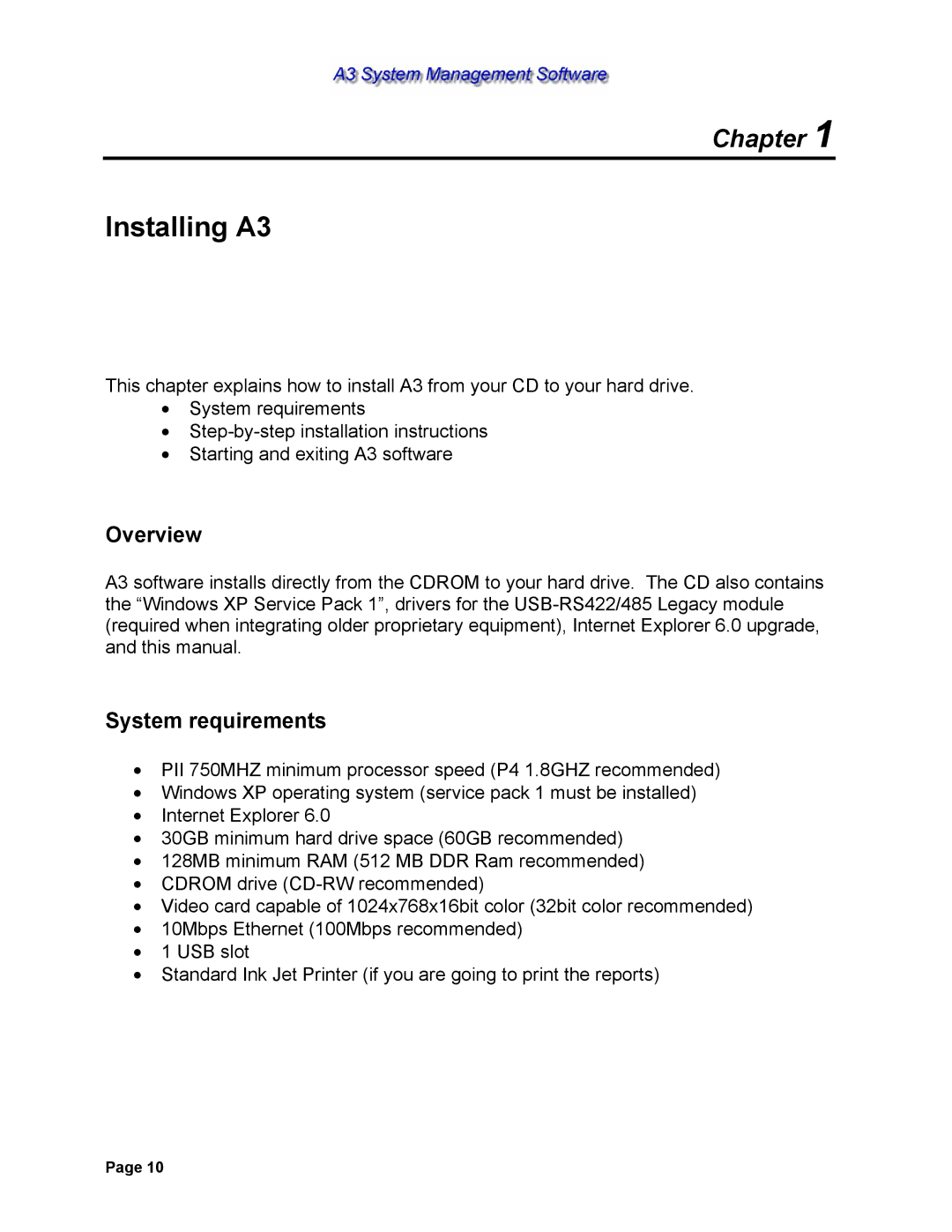 Sterling 882.00278.00 software manual Installing A3, Overview, System requirements 