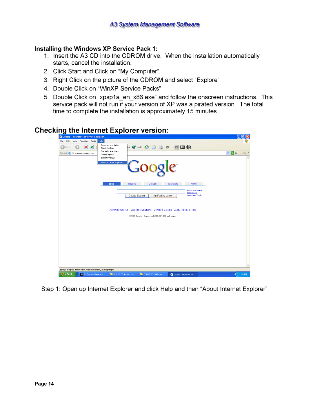 Sterling 882.00278.00 software manual Checking the Internet Explorer version, Installing the Windows XP Service Pack 