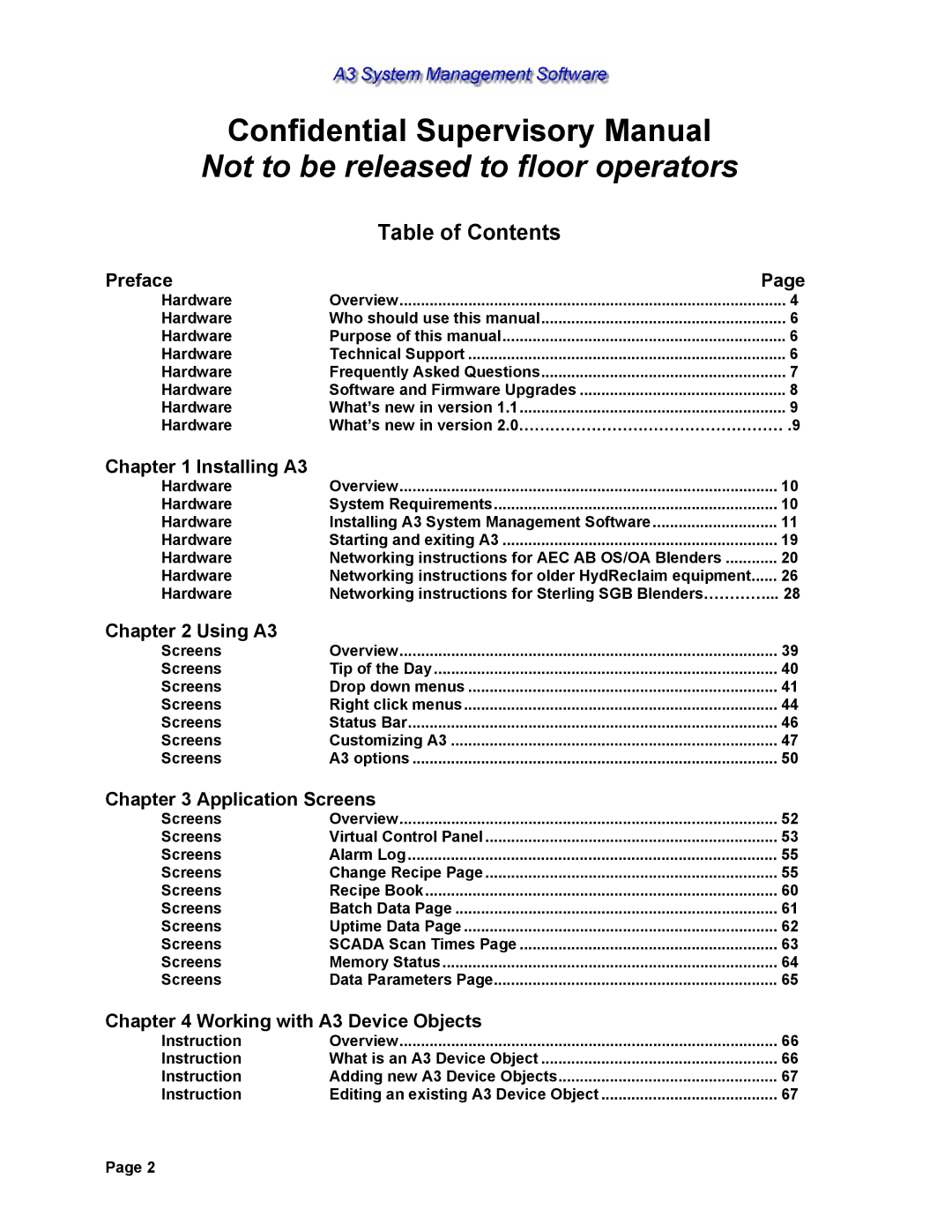 Sterling 882.00278.00 software manual Not to be released to floor operators, Table of Contents 