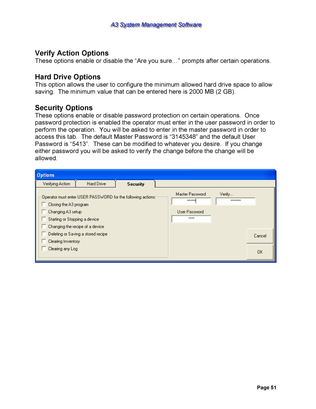 Sterling 882.00278.00 software manual Verify Action Options, Hard Drive Options, Security Options 