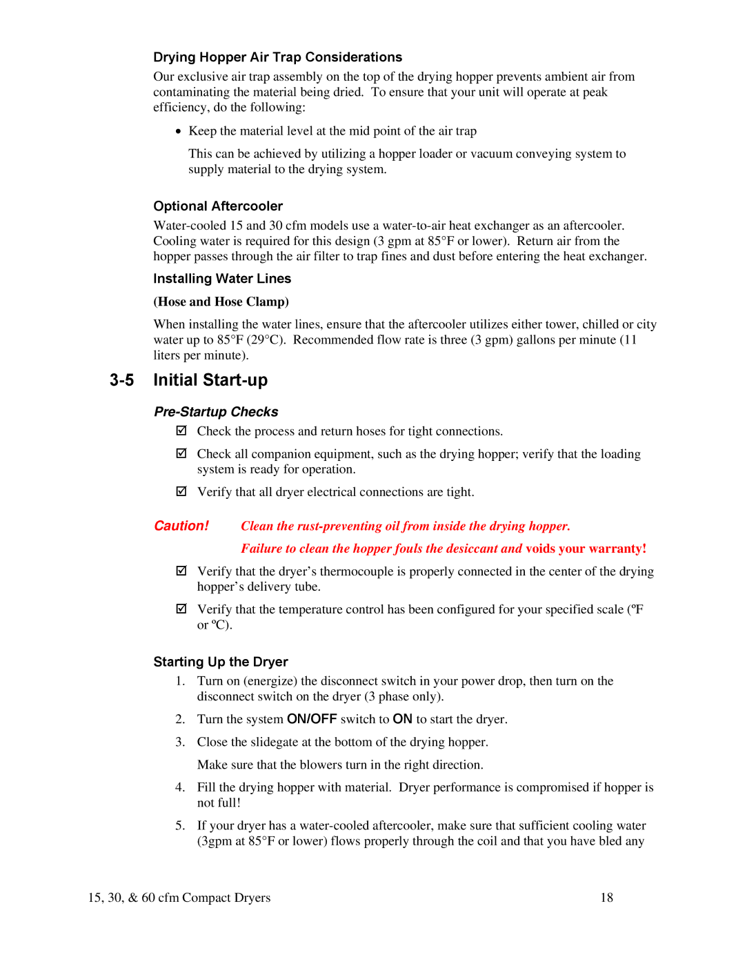Sterling 882.00291.00 Initial Start-up, Drying Hopper Air Trap Considerations, Optional Aftercooler, Starting Up the Dryer 