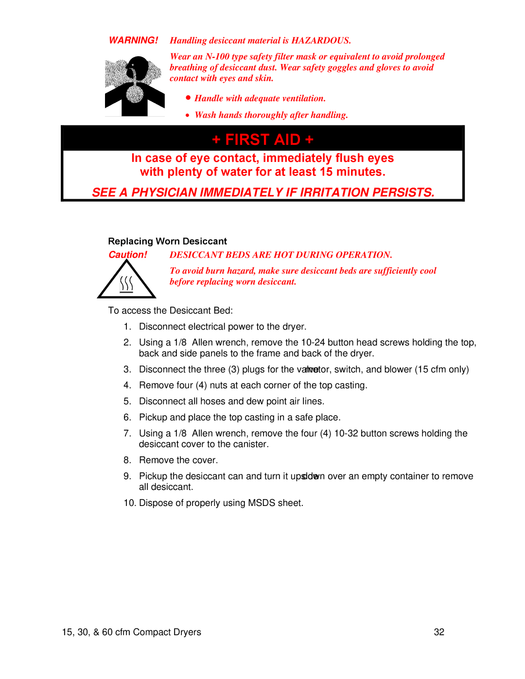 Sterling 882.00291.00 specifications + First AID +, Replacing Worn Desiccant 