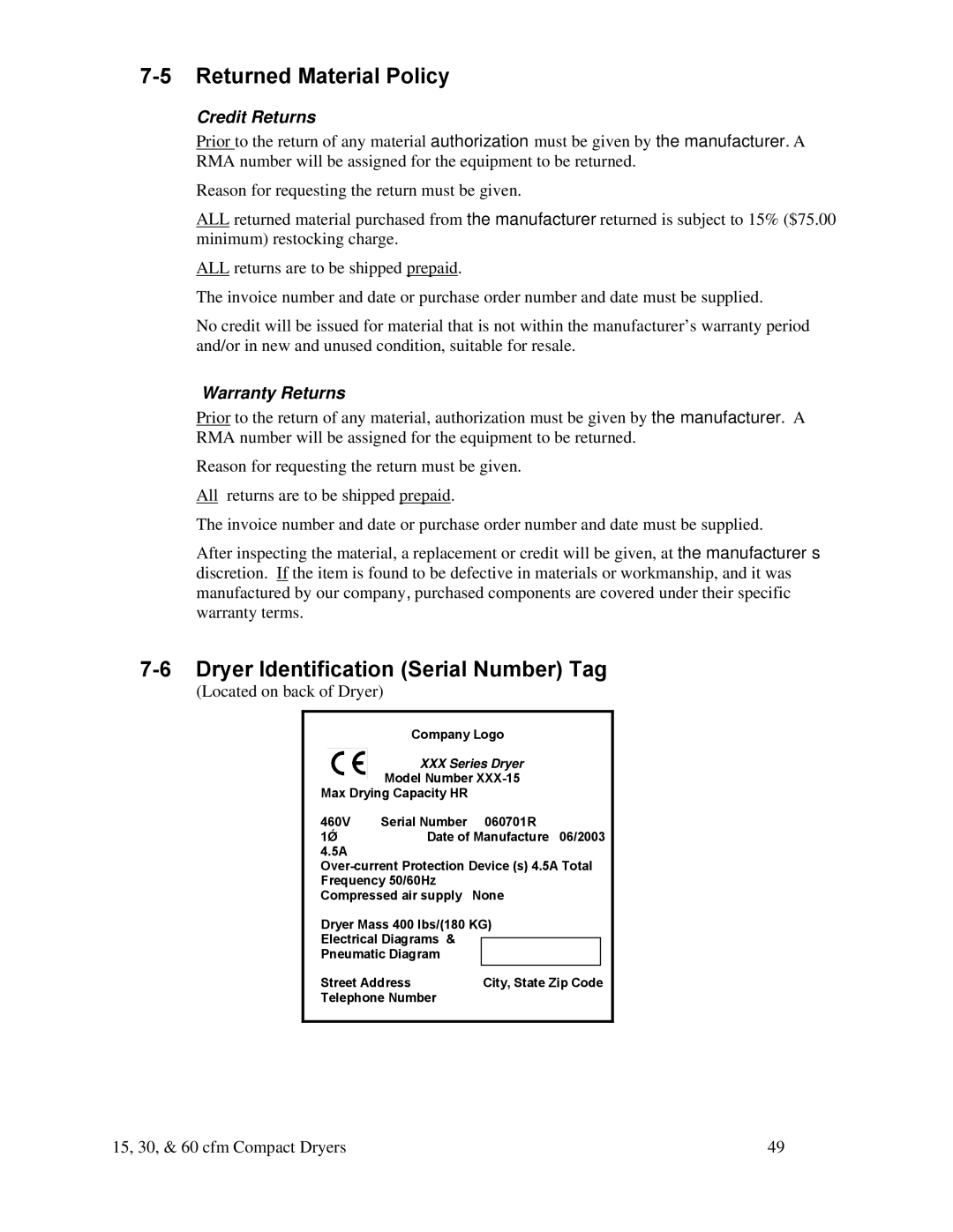 Sterling 882.00291.00 specifications Returned Material Policy, Dryer Identification Serial Number Tag 