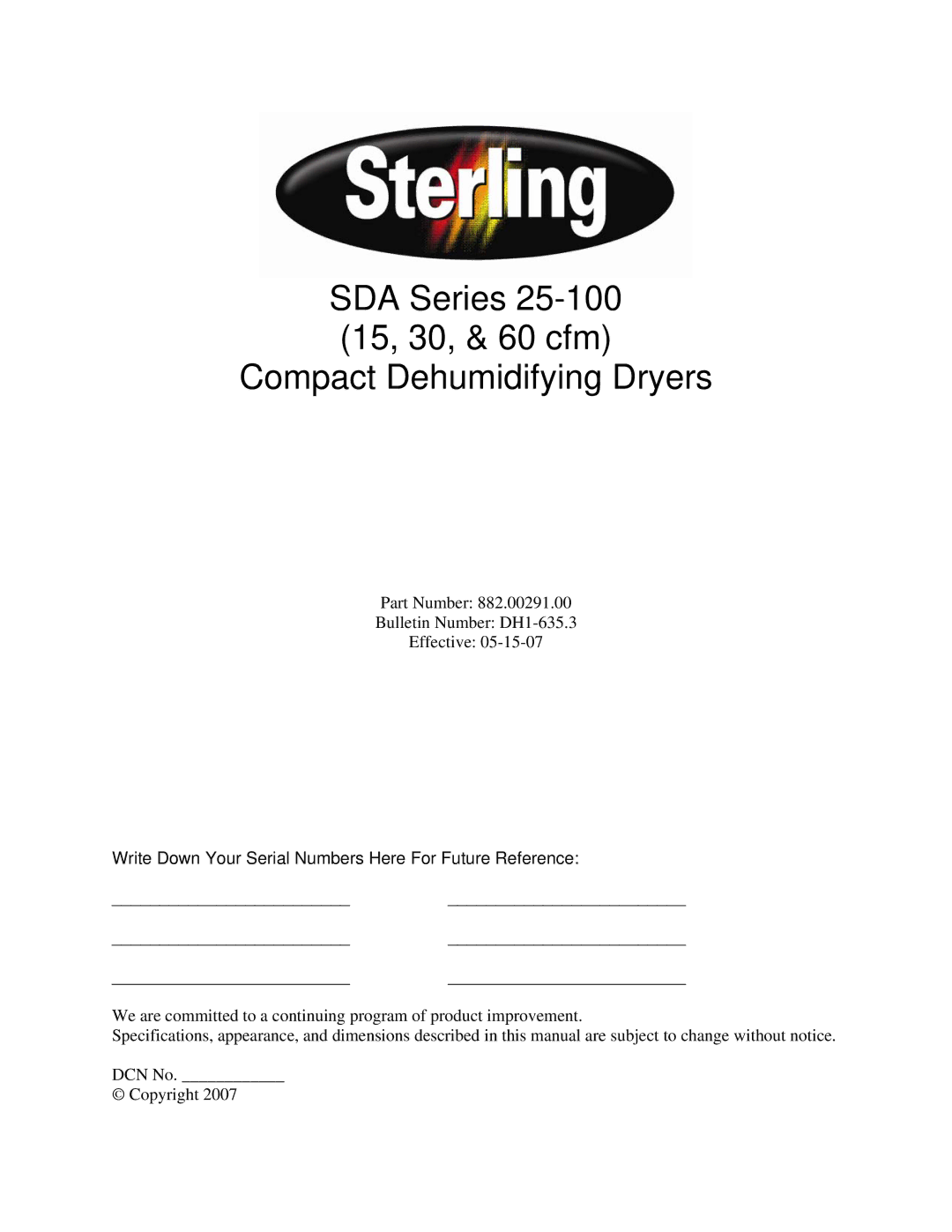 Sterling 882.00291.00 specifications SDA Series 15, 30, & 60 cfm Compact Dehumidifying Dryers 